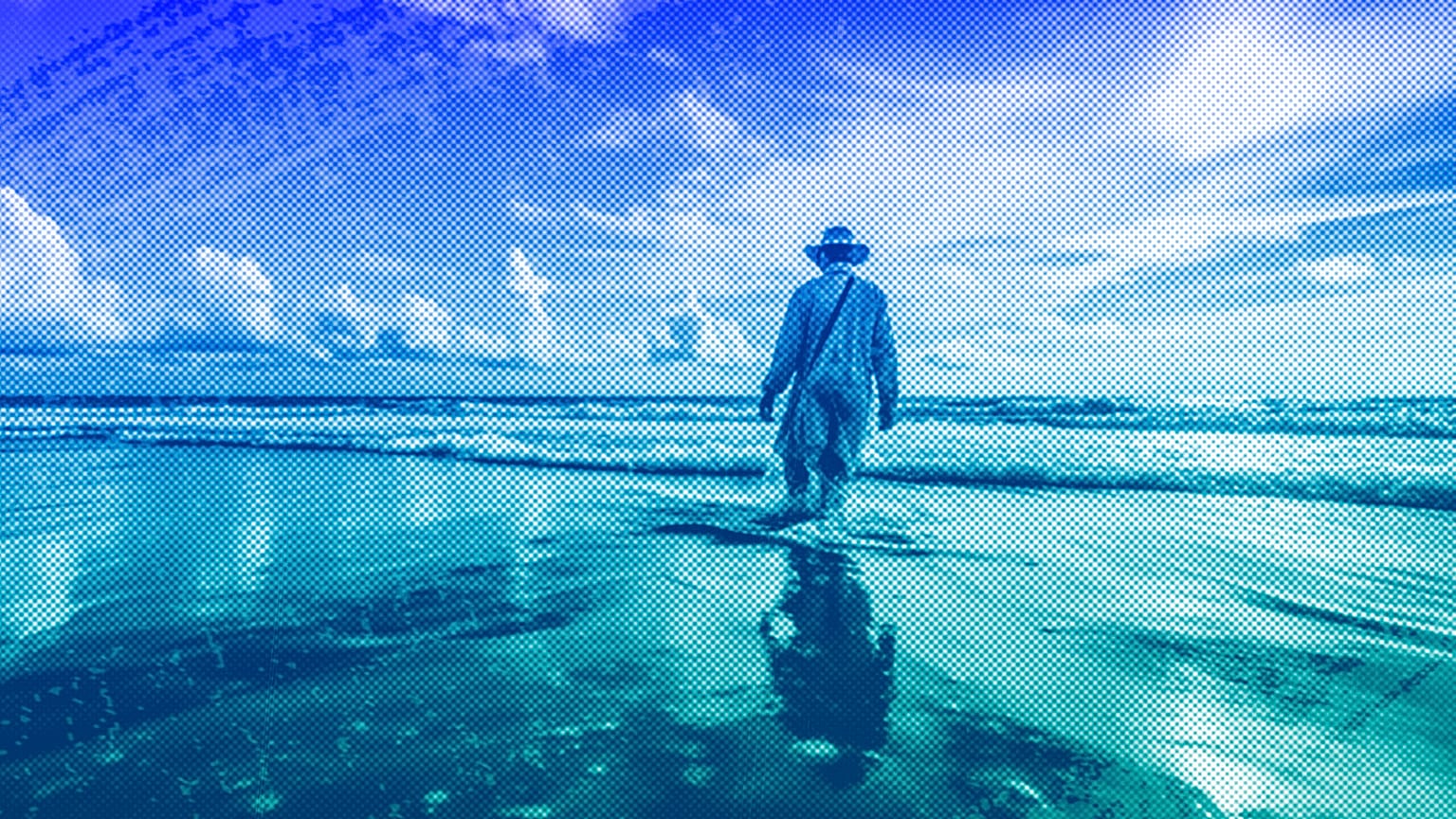 An illustration of a scientist wading into the ocean at a beach
