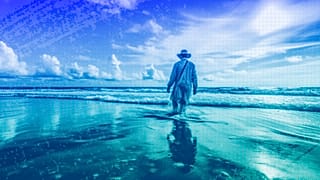 An illustration of a scientist wading into the ocean at a beach