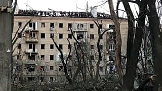A badly damaged residential building hit by a Russian missile in Mykolaiv