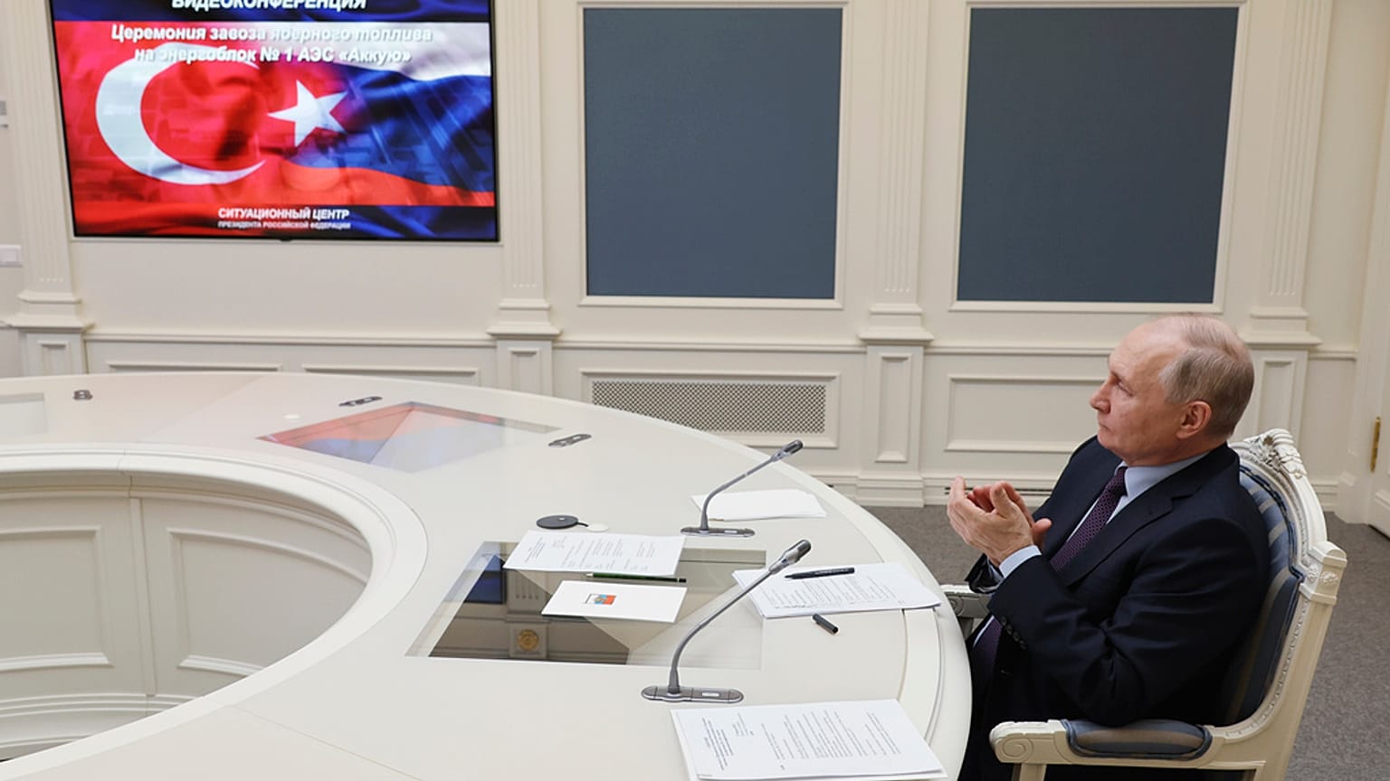 Russian President Vladimir Putin attends a ceremony for nuclear fuel loading at the Turkey's Akkuyu Nuclear Power Plant (NPP). April 27 2023, Sputnik