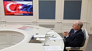Russian President Vladimir Putin attends a ceremony for nuclear fuel loading at the Turkey's Akkuyu Nuclear Power Plant (NPP). April 27 2023, Sputnik