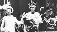 The now King Charles in full royal regalia at his investiture at Caernarfon Castle in 1969