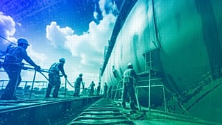 An illustration of workers operating an LNG gas terminal