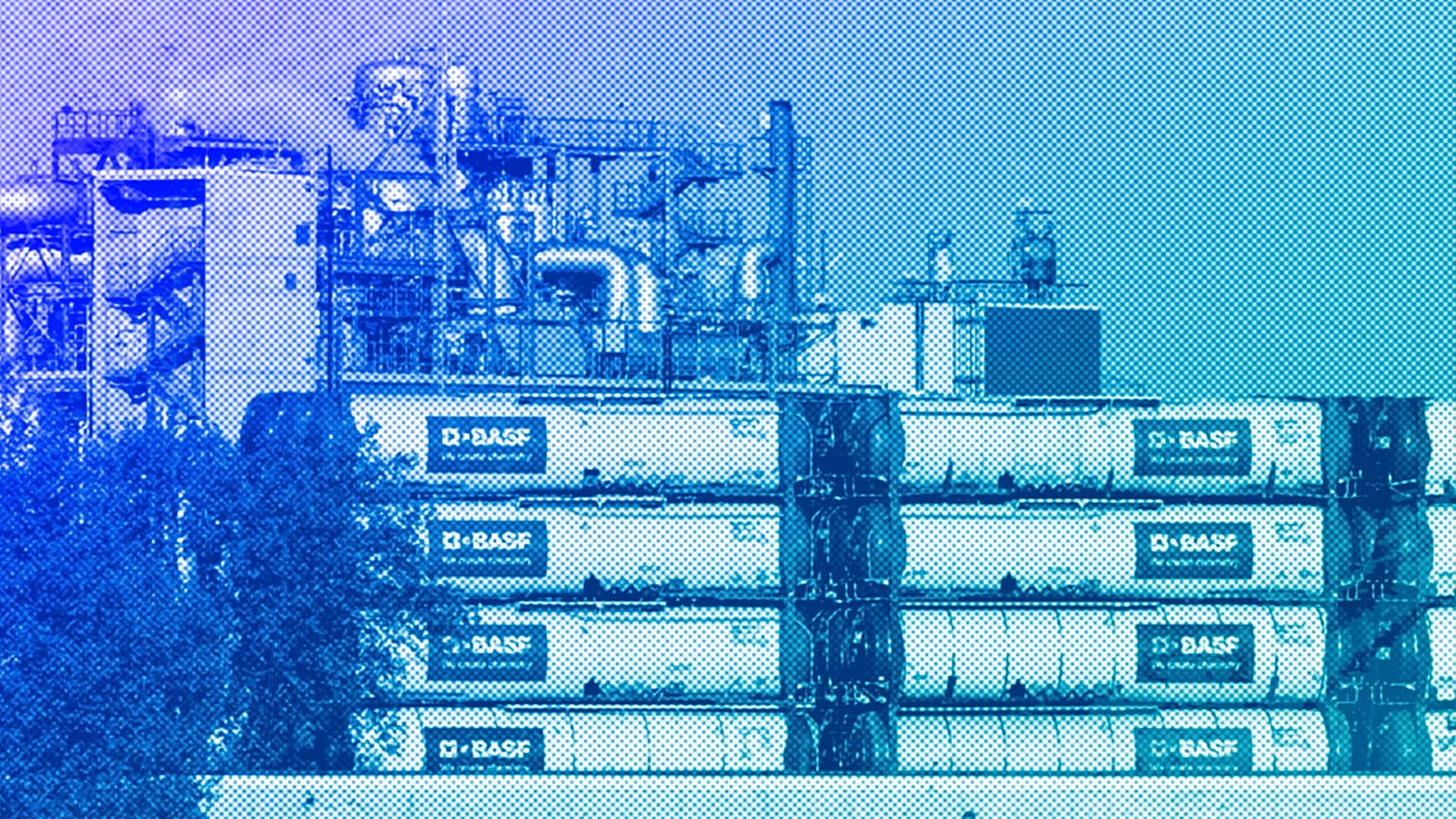 Containers labeled "BASF" stand on the site of the chemical company BASF in Ludwigshafen, November 2022