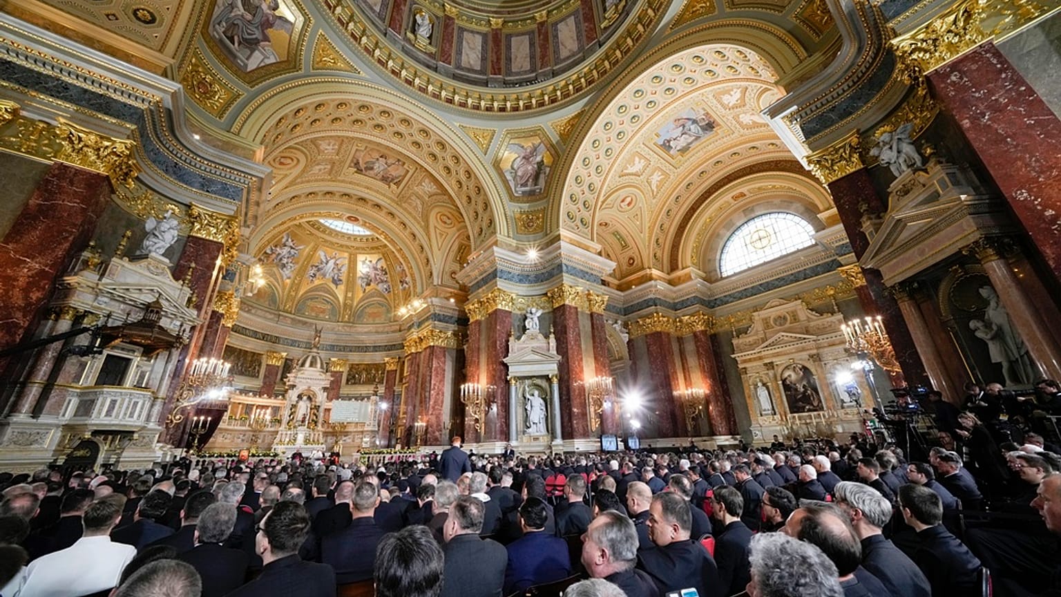 A view of St. Stephen's Co-Cathedral as Pope Francis delivers his speech, April 28, 2023