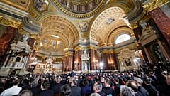 A view of St. Stephen's Co-Cathedral as Pope Francis delivers his speech, April 28, 2023