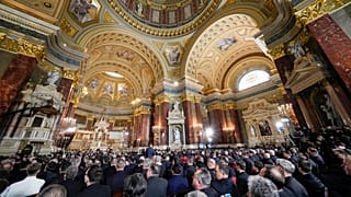 A view of St. Stephen's Co-Cathedral as Pope Francis delivers his speech, April 28, 2023