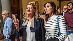 Hope Carrasquilla, right, with Cecilie Hollberg, director of Florence's Galleria dell'Accademia museum looking at the David statue