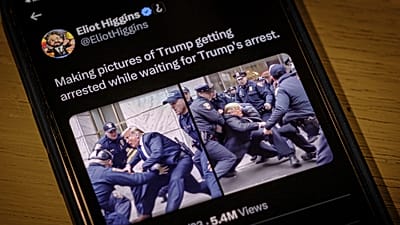 Images created by Eliot Higgins with the use of artificial intelligence, as photographed on an iPhone on Thursday, March 23, 2023. 