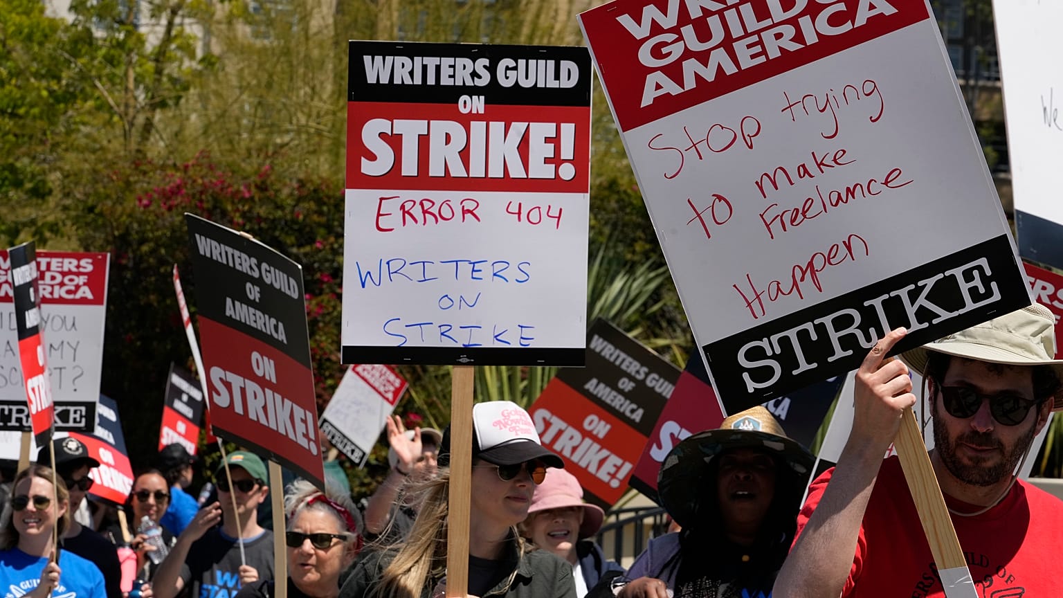 Members of the Writers Guild of America, WGA picket outside CBS Television City in the Fairfax District of Los Angeles Tuesday, May 2, 2023.