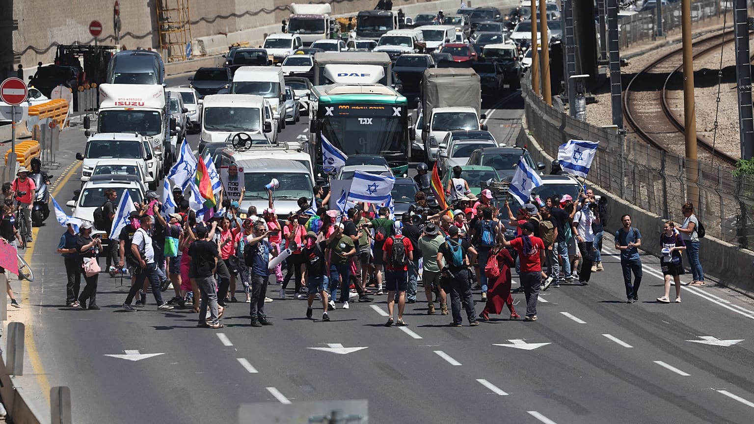 Israelis block roads in protest against Netanyahu legal plan in Tel Aviv, Israel. 