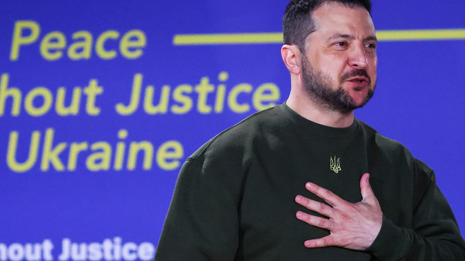 Ukraine's President Volodymyr Zelenskyy delivers a speech titled "No Peace Without Justice for Ukraine", in the Hague, Netherlands, Thursday, May 4, 2023.