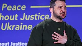 Ukraine's President Volodymyr Zelenskyy delivers a speech titled "No Peace Without Justice for Ukraine", in the Hague, Netherlands, Thursday, May 4, 2023.