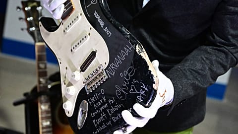 US musician Kurt Cobain's smashed Fender Stratocaster is dispalyed at Julien's Auctions in Gardena, California on May 2, 2023