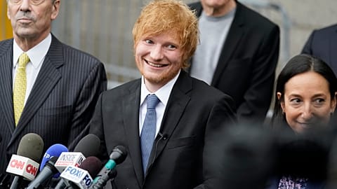 Ed Sheeran departs after speaking to the media outside New York Federal Court after wining his copyright infringement trial