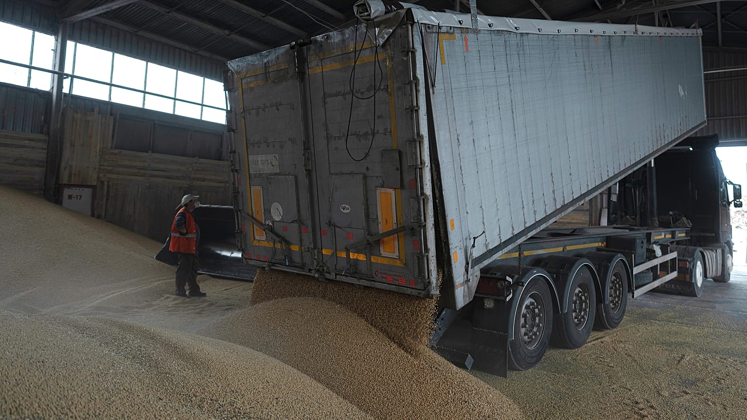 A truck is unloading grain in a grain silo in Izmail, Ukraine, April 26, 2023.