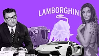 Left to right: Ferruccio Lamborghini (founder), Lamborghini tractor, car, logo, and Elettra Lamborghini