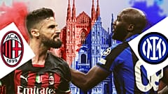 AC Milan's striker Olivier Giroud, left, and Inter striker Romelu Lukaku, right, with Milan's Duomo catherdral in the centre