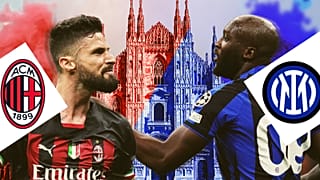 AC Milan's striker Olivier Giroud, left, and Inter striker Romelu Lukaku, right, with Milan's Duomo catherdral in the centre