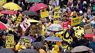 Protesters near Trafalgar Square ahead of the coronation ceremony of King Charles III at Westminster Abbey, London, Saturday May 6, 2023.