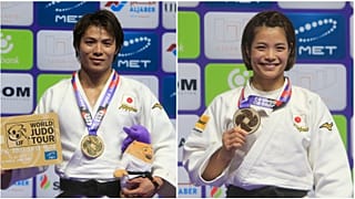 Hifumi Abe en -66 kg (à gauche) et sa sœur Uta Abe en -52 kg se sont imposés au Mondiaux de Doha, lundi 8 mai 2023.