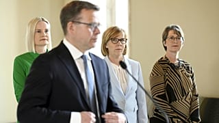 National Coalition Party leader Petteri Orpo (front) and (L-R) Riikka Purra (Finns Party), Anna-Maja Henriksson (SFP/RKP), Sari Essayah (Christian Democrats)
