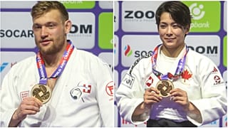 Esquerda: o suíço Nils Stump que se sagrou campeão mundial; direita: bi-campeã mundial, a canadiana Christa Deguchi
