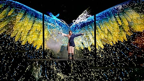 Alyosha from Ukraine performs as a show act during the first semi final at the Eurovision Song Contest in Liverpool, England, Tuesday, May 9, 2023.