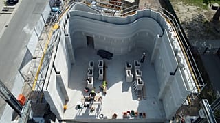 A drone picture shows what is described as "Europe's largest 3D-printed building", which is currently under construction and once built end of July