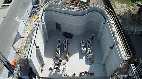 A drone picture shows what is described as "Europe's largest 3D-printed building", which is currently under construction and once built end of July