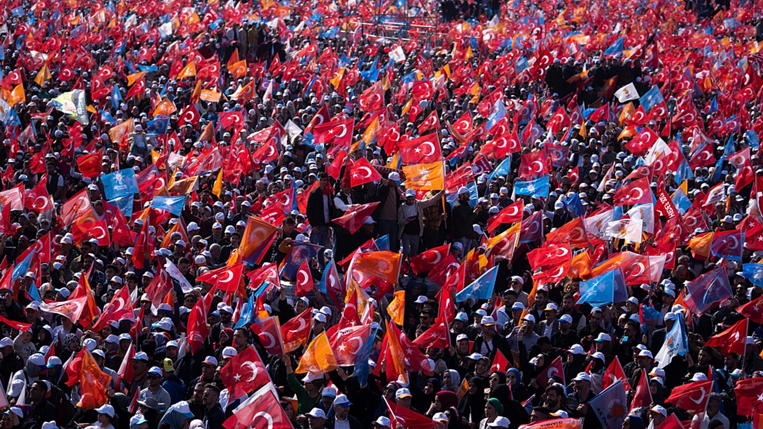 Supporters of People's Alliance's presidential candidate Recep Tayyip Erdogan attend an election rally campaign in Istanbul, Turkey, Sunday, May 7, 2023. 