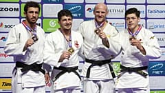 Le podium des -90 kg aux Mondiaux de judo de Doha, au Qatar, jeudi 11 mai 2023.