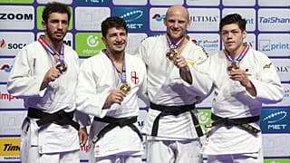 Le podium des -90 kg aux Mondiaux de judo de Doha, au Qatar, jeudi 11 mai 2023.