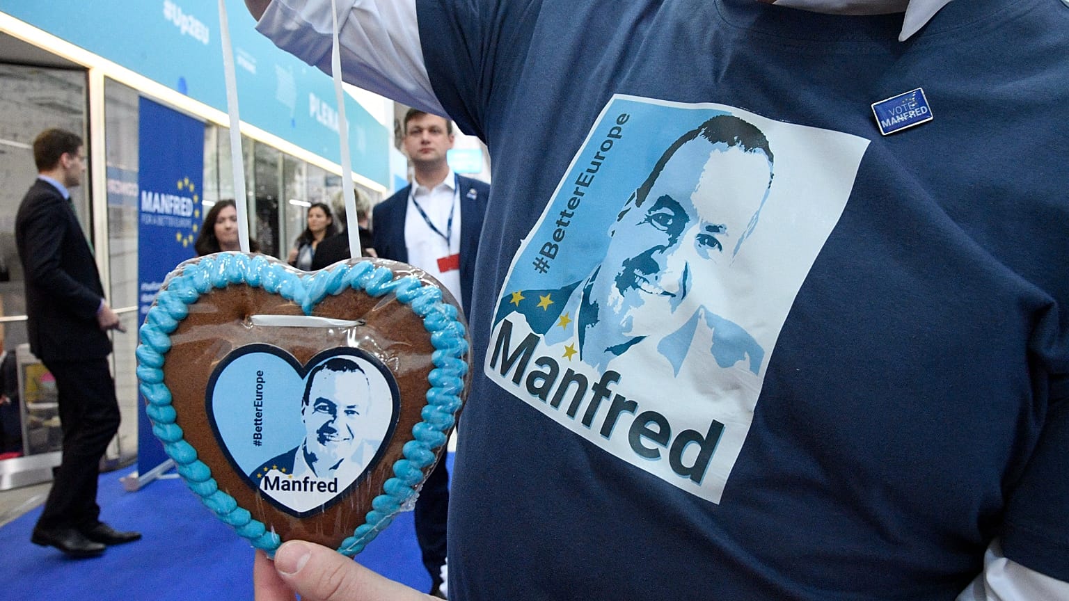 A volunteer campaigns for candidate to lead EPP, Manfred Weber of Germany at the European People's Party (EPP) congress in Helsinki, Finland. 2018