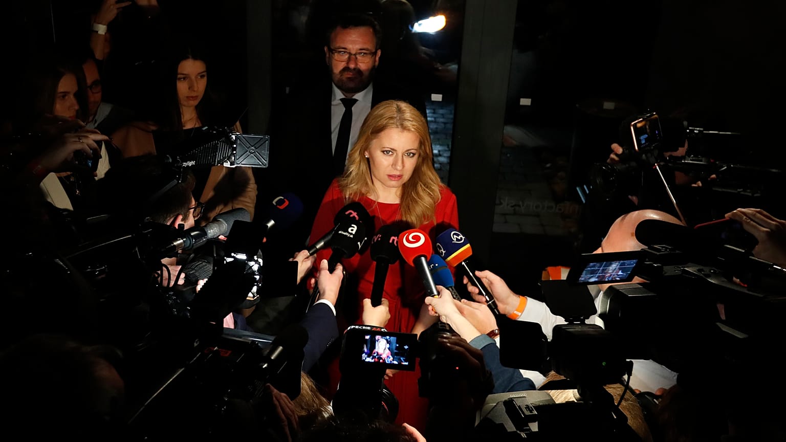 Zuzana Caputova answers journalist questions at her election headquarters to watch the results of the first round of the presidential elections in Bratislava. 16 March 2019