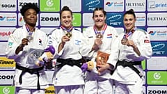 O pódio dos -78 kg femininos, com ouro para Inbar Lanir (Israel)