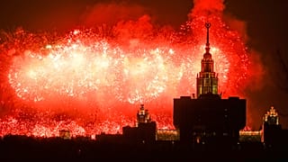 Fireworks explodes over the historic building of the Moscow State University on the Vorobyovy Gory (the Sparrow Hills) in Moscow, Russia, Tuesday, May 9, 2023 during Victory D