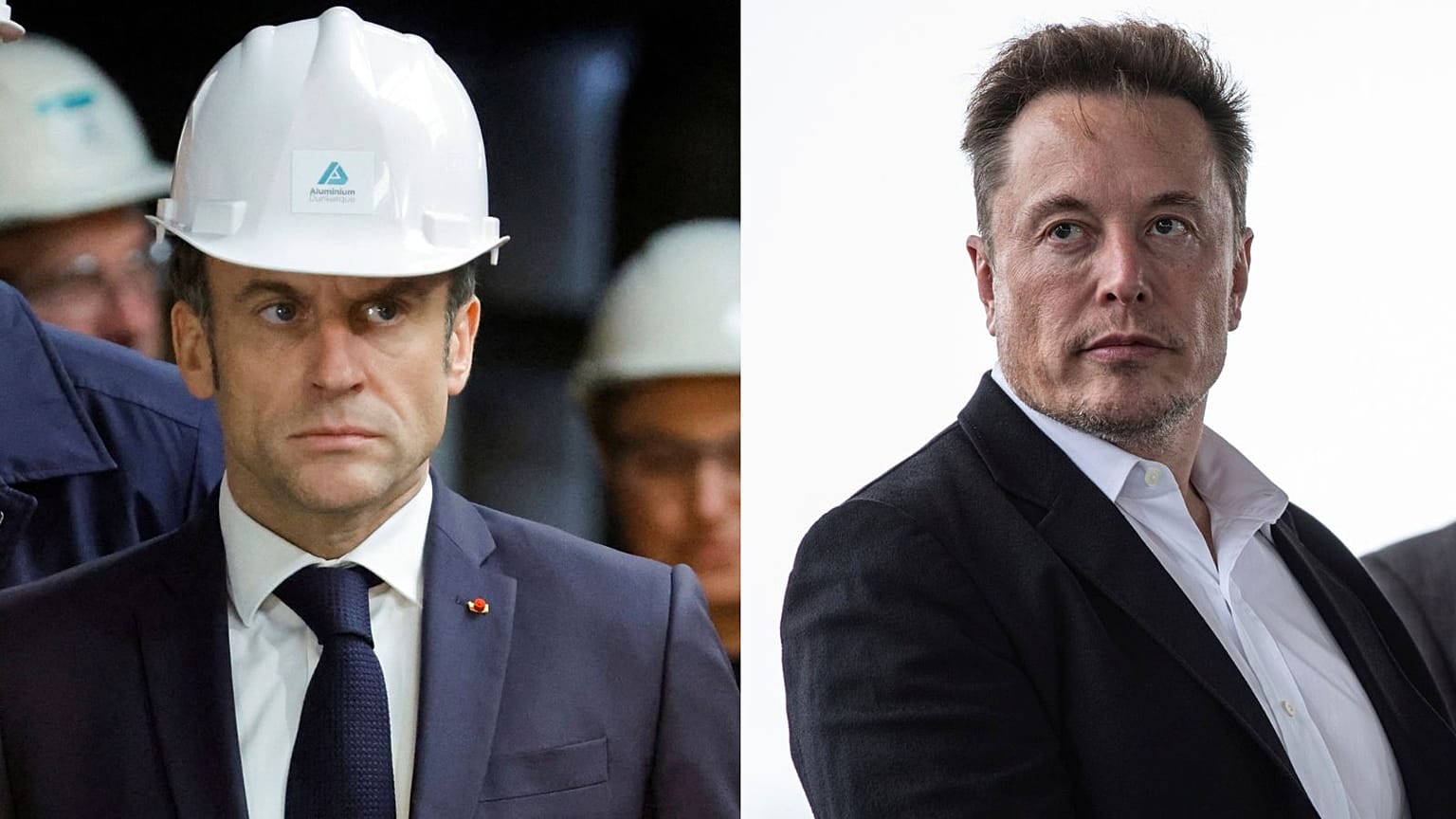 French President Emmanuel Macron at the Aluminium Dunkerque factory in Dunkirk, France, May 12, 2023, and Tesla CEO Elon Musk in Robstown, Texas, May 8, 2023. 