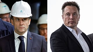 French President Emmanuel Macron at the Aluminium Dunkerque factory in Dunkirk, France, May 12, 2023, and Tesla CEO Elon Musk in Robstown, Texas, May 8, 2023.