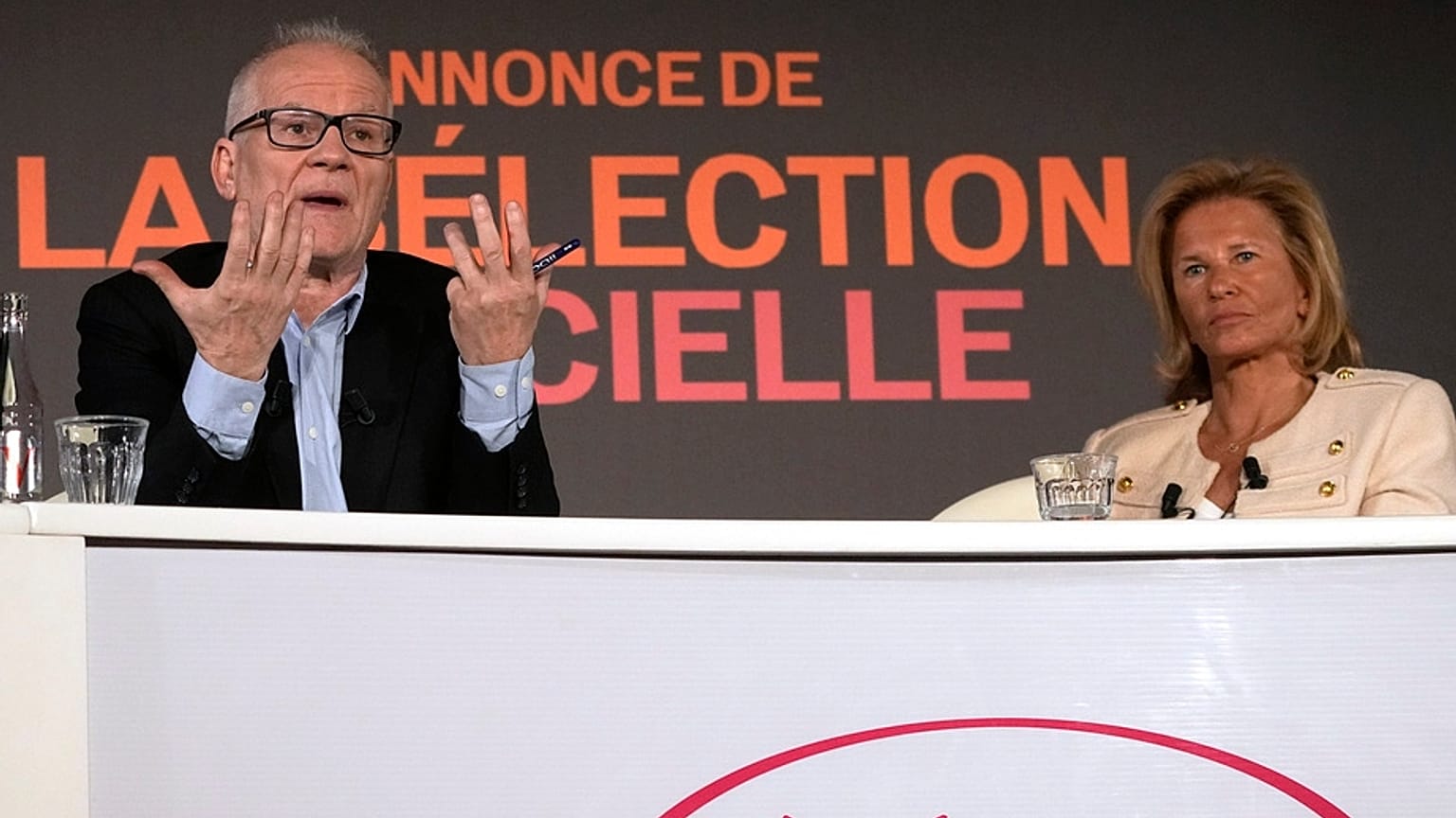 Cannes film festival director general Thierry Frémaux with festival president Iris Knobloch in Paris, April 2023