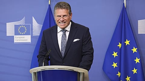 European Commissioner for Inter-institutional Relations and Foresight Maros Sefcovic at EU headquarters in Brussels, May 16, 2023. 