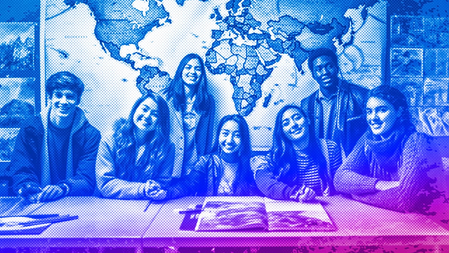 An illustration of a group of students learning a language