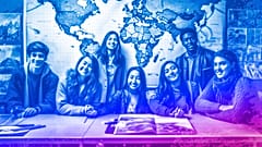 An illustration of a group of students learning a language