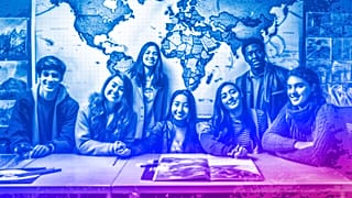 An illustration of a group of students learning a language