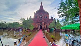 flooded areas caused by Cyclone Mocha near old temple in Bagan, Central Myanmar.