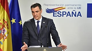 Spain's Prime Minister Pedro Sanchez speaks during a media conference at an EU summit in Brussels, March 24, 2023.