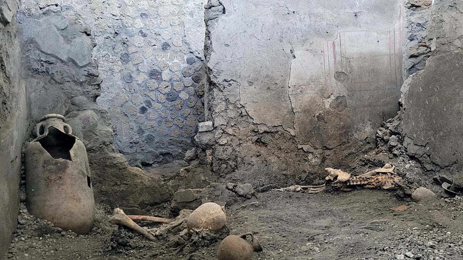 Two skeletons found in the insula of Pompeii's Casti Amanti, beneath a wall that collapsed before the area was covered in volcanic material.