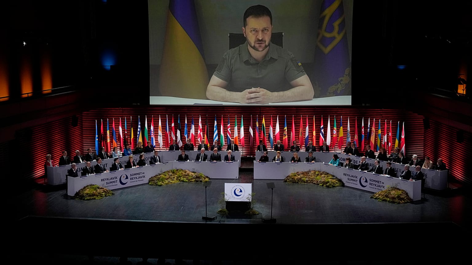 Ukraine's President Volodymyr Zelenskyy addresses, via videolink, the opening ceremony of the Council of Europe summit in Reykjavik, Iceland, Tuesday, May 16, 2023.