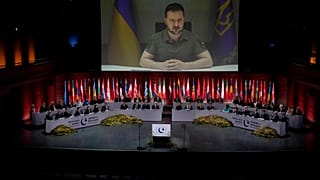 Ukraine's President Volodymyr Zelenskyy addresses, via videolink, the opening ceremony of the Council of Europe summit in Reykjavik, Iceland, Tuesday, May 16, 2023.