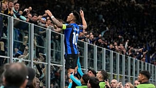 Lautaro Martinez celebrates with Inter Milan fans after scoring in the 74th minute